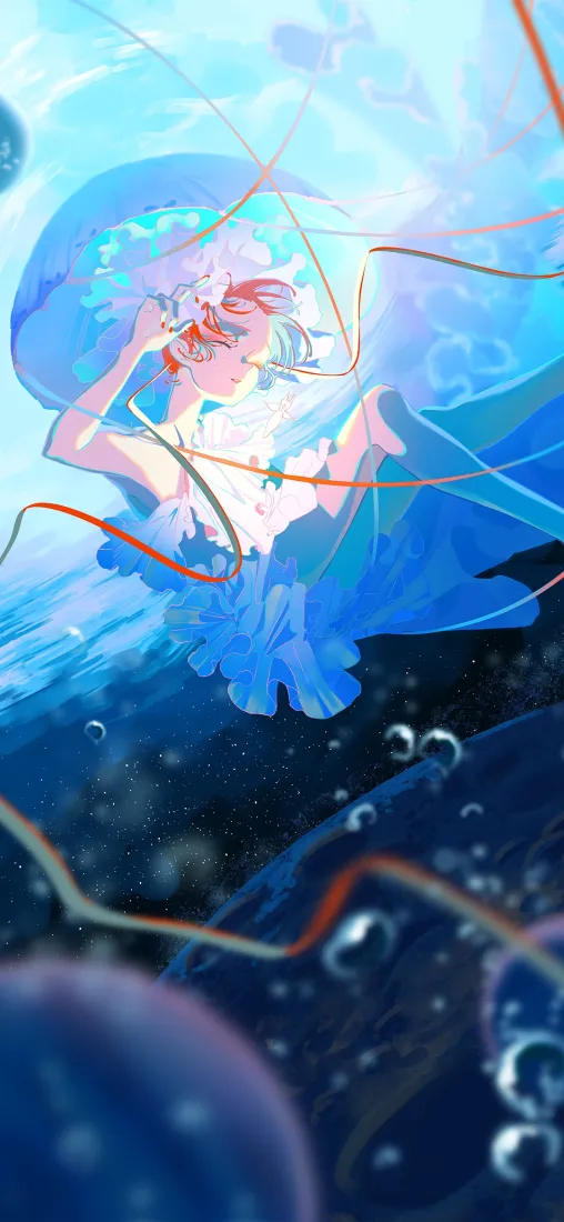 水母少女手机壁纸｜梦幻深蓝海底背景图片 - 清新治愈插画「哲风壁纸」
