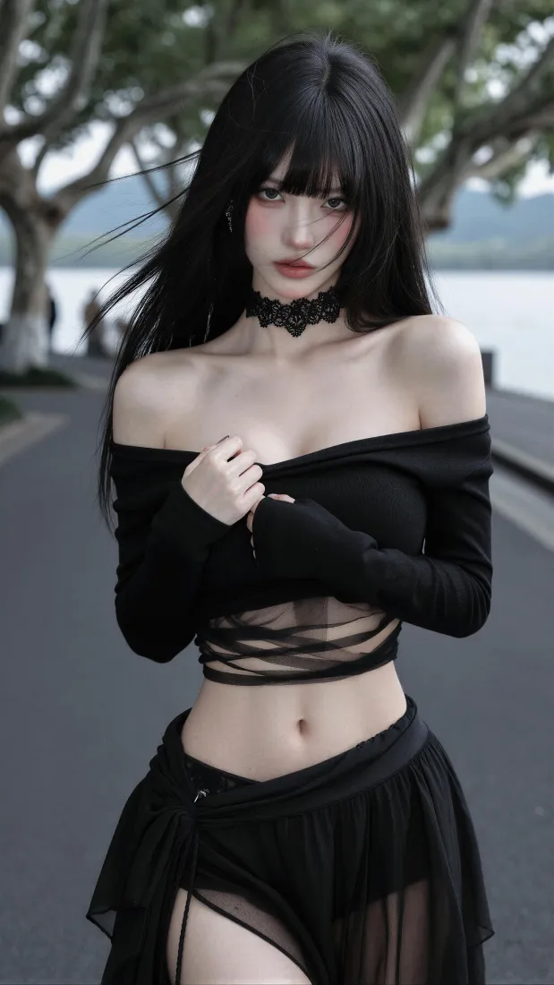 暗黑系冷白皮美女手机壁纸|湖边公路背景图片 - 氛围感写真「哲风壁纸」 暗黑系冷白皮美女手机壁纸|湖边公路背景图片 - 氛围感写真「哲风壁纸」