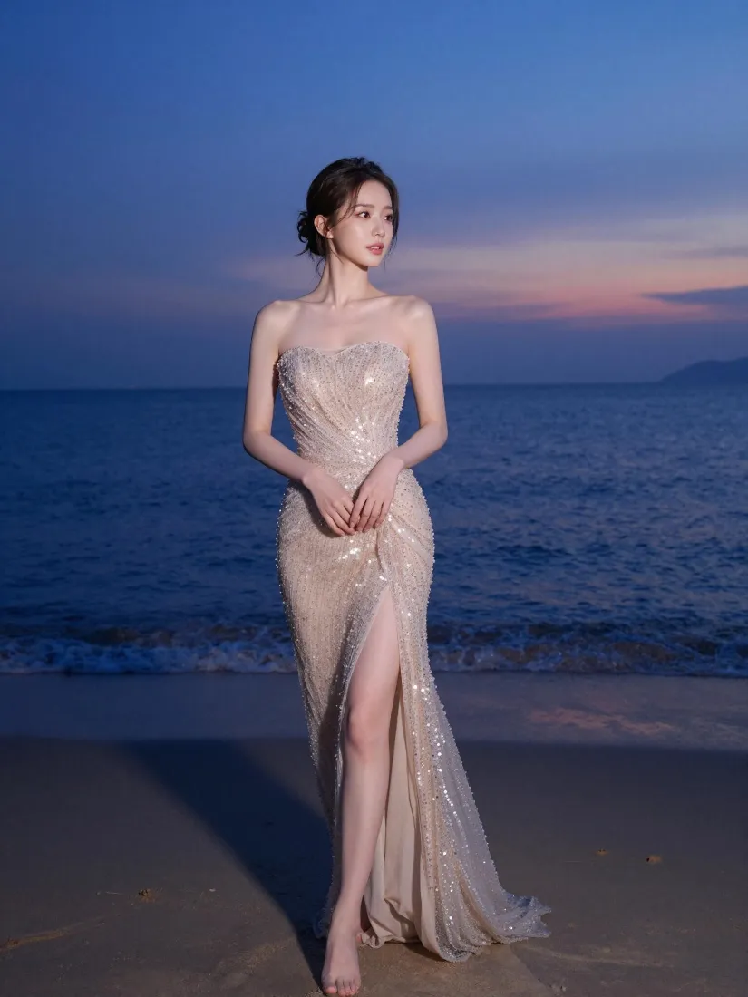 气质美女手机壁纸|海边黄昏背景图片 - 亮片开叉长裙写真「哲风壁纸」 气质美女手机壁纸|海边黄昏背景图片 - 亮片开叉长裙写真「哲风壁纸」