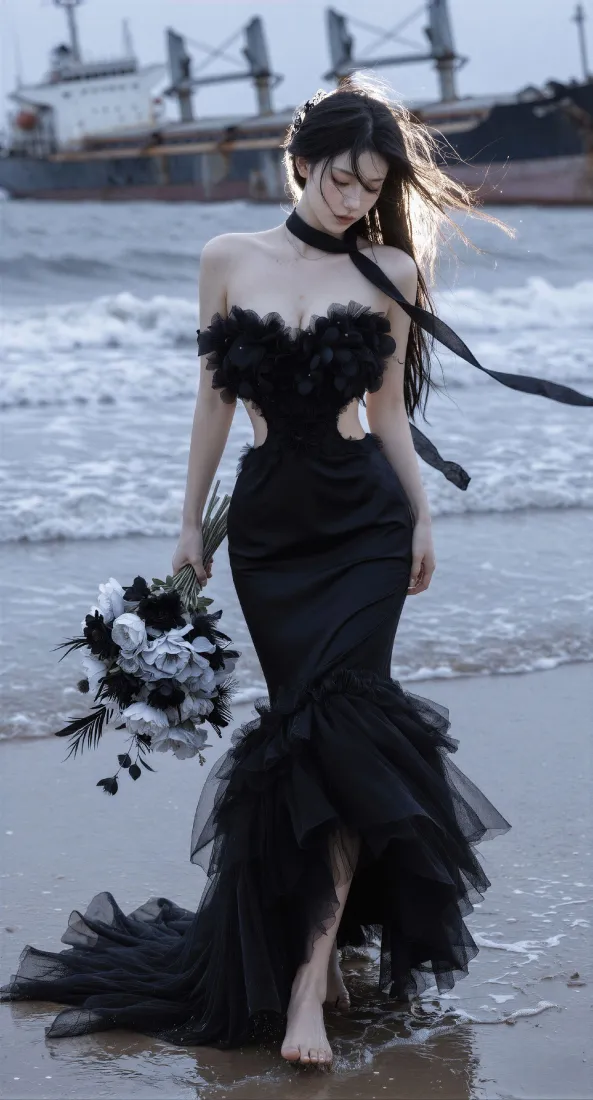 海边黑裙美女手机壁纸|轮船沙滩背景图片 - 氛围感写真「哲风壁纸」 海边黑裙美女手机壁纸|轮船沙滩背景图片 - 氛围感写真「哲风壁纸」