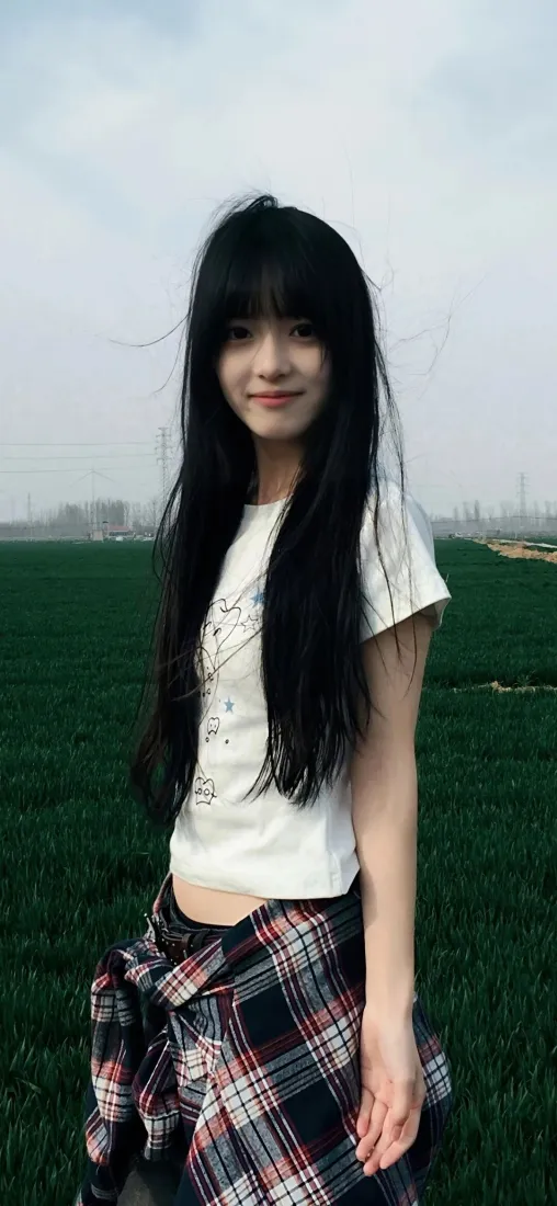 齐刘海黑长直少女站在绿色田野中，穿白短袖系格纹衣，背景是朦胧天空。