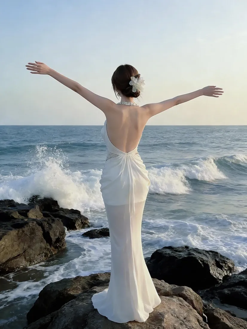 露背婚纱美女手机壁纸|海边礁石背景图片 - 氛围感人像「哲风壁纸」 露背婚纱美女手机壁纸|海边礁石背景图片 - 氛围感人像「哲风壁纸」