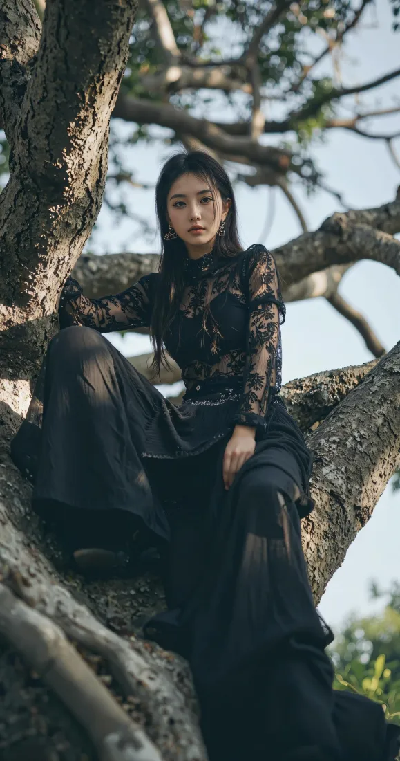 黑裙美女手机壁纸|树干栖坐背景图片 - 清冷氛围感户外写真「哲风壁纸」 黑裙美女手机壁纸|树干栖坐背景图片 - 清冷氛围感户外写真「哲风壁纸」
