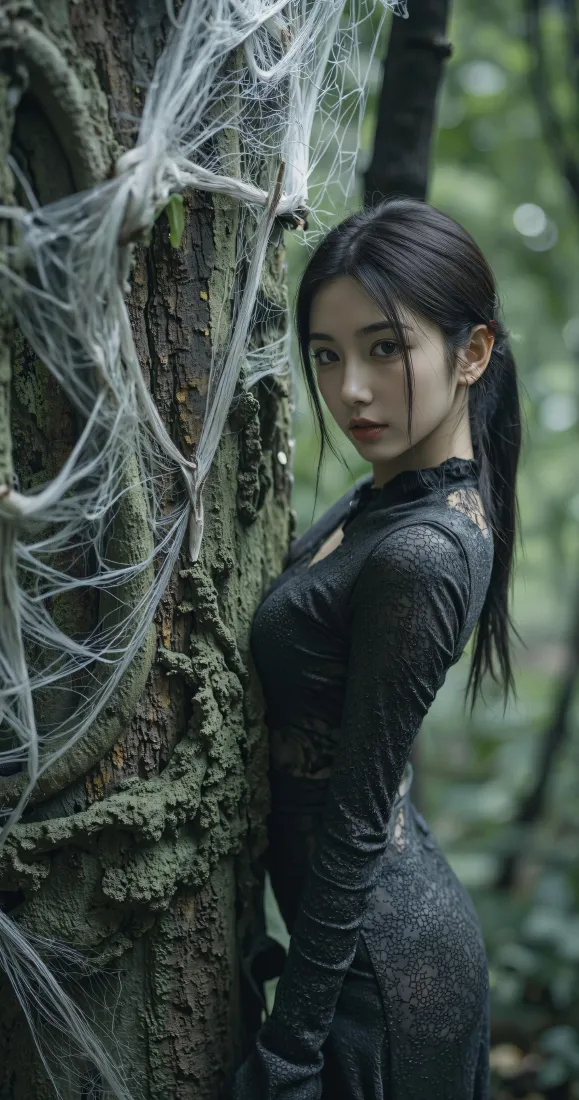 黑衣高马尾美女手机壁纸|森林蛛网背景图片 - 清冷氛围感「哲风壁纸」 黑衣高马尾美女手机壁纸|森林蛛网背景图片 - 清冷氛围感「哲风壁纸」