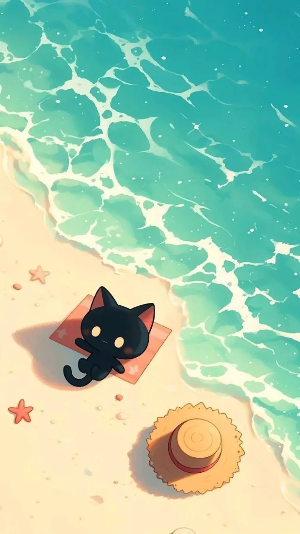 黑猫手机壁纸|夏日海边沙滩背景图片 - 可爱治愈卡通插画「哲风壁纸」 黑猫手机壁纸|夏日海边沙滩背景图片 - 可爱治愈卡通插画「哲风壁纸」