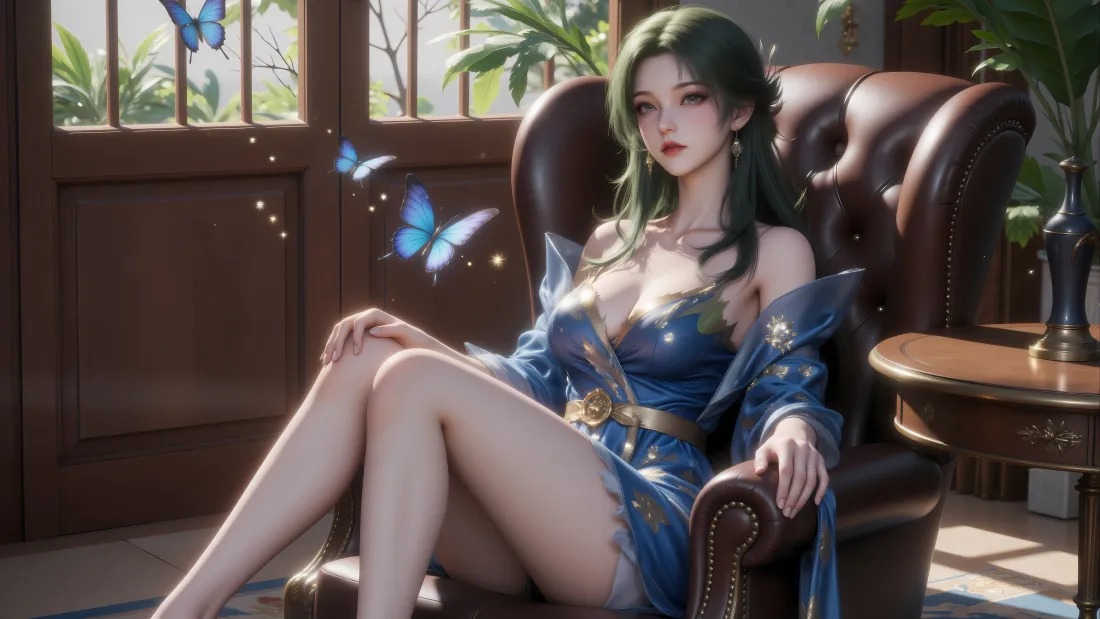 8k碧姬壁纸｜蓝裙蝴蝶室内背景图片 - 斗罗大陆2绝世唐门角色「哲风壁纸」