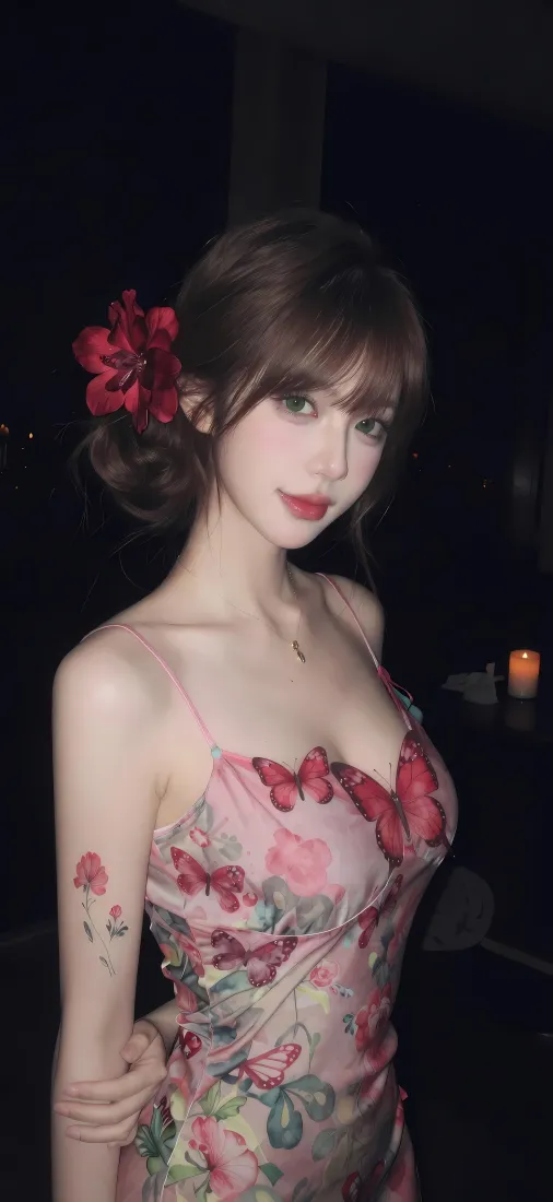 暗调夜景中，戴红花发饰、穿粉红花吊带裙的年轻女性半身写真