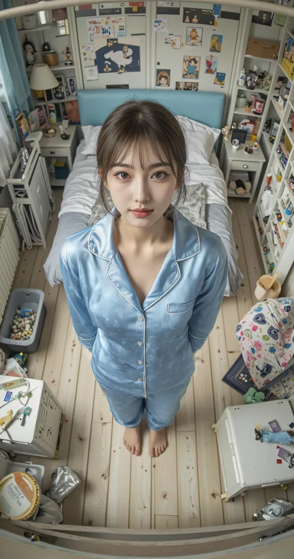 蓝色睡衣美女手机壁纸｜卧室背景图片 - 居家氛围感写真「哲风壁纸」