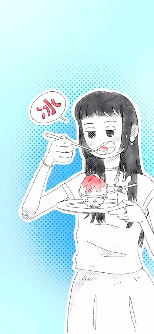 吃冰少女手机壁纸｜浅蓝色背景图片 - 夏日卡通插画「哲风壁纸」