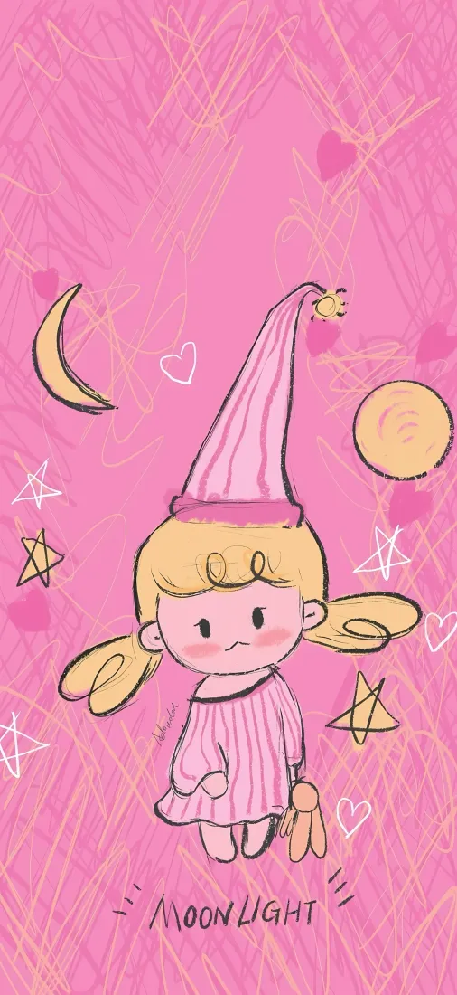 粉色手绘背景中，戴尖顶睡帽的Q版双马尾小女孩，周围环绕星月爱心元素。