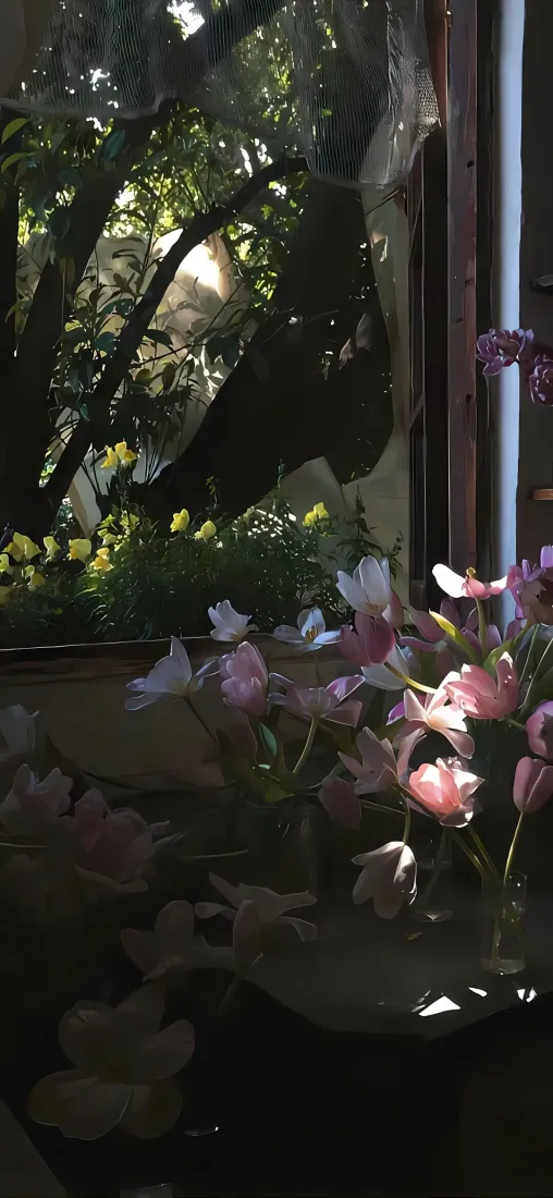 院子百合花手机壁纸｜窗边绿植光影背景图片 - 治愈静谧小景「哲风壁纸」