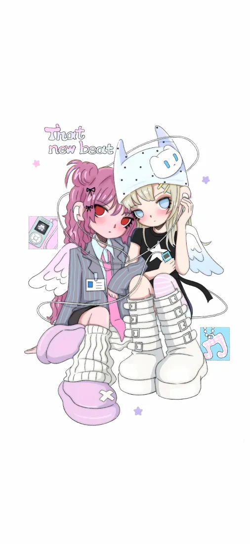 Y2K风格Q版二次元少女插画，两名带小翅膀的女孩紧挨而坐，背景为纯白色。