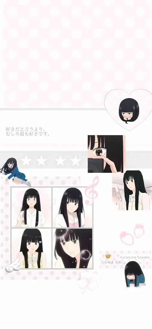 浅粉白底色的黑长直齐刘海少女多格拼接日系二次元插画