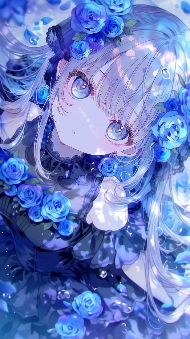 蓝玫瑰银发少女手机壁纸｜二次元背景图片 - 梦幻冷调插画「哲风壁纸」