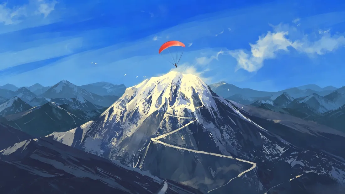 插画风格雪山群峰，山顶红色滑翔伞，盘山公路蜿蜒，蓝天澄澈