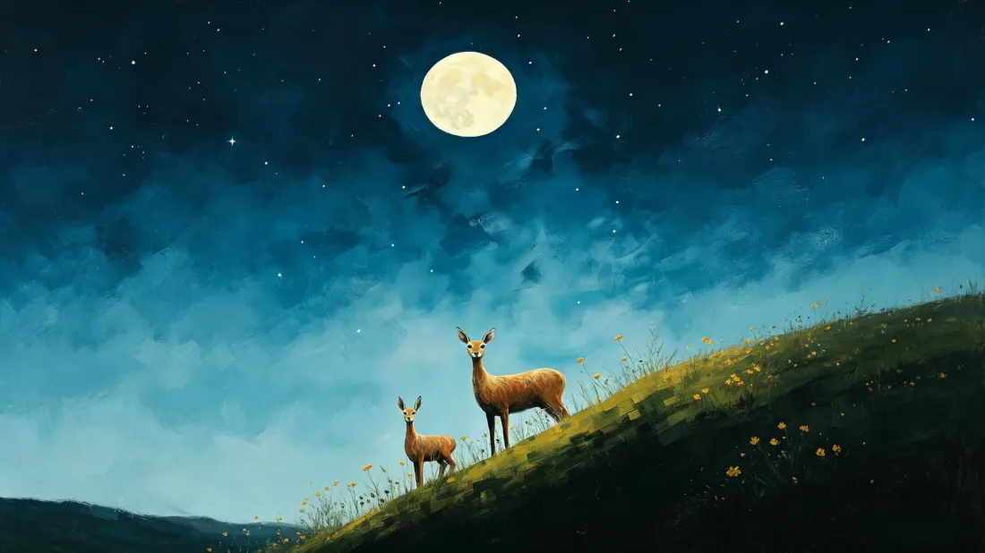 3k月夜双鹿壁纸|草地山坡星空背景图片 - 治愈插画「哲风壁纸」 3k月夜双鹿壁纸|草地山坡星空背景图片 - 治愈插画「哲风壁纸」