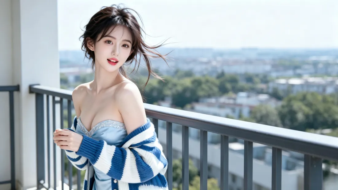 3k清纯美女壁纸｜阳台城市远景背景图片 - 氛围感时尚写真「哲风壁纸」