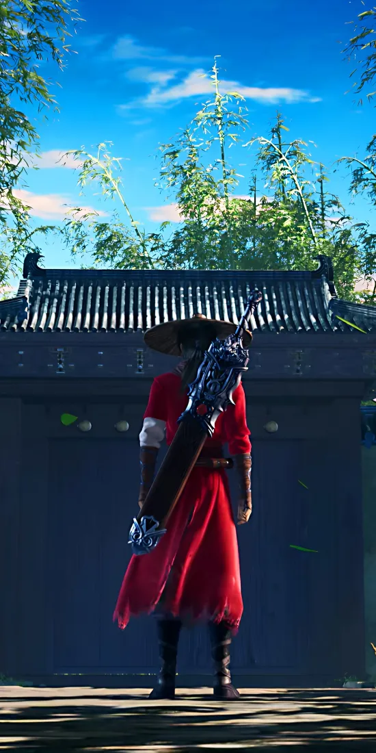李星云手机壁纸｜古风宅院背景图片 - 红衣侠客背影「哲风壁纸」
