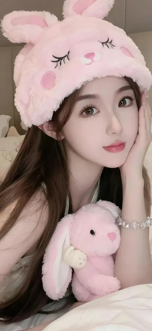 戴兔耳帽美女手机壁纸｜粉色居家背景图片 - 软萌可爱「哲风壁纸」