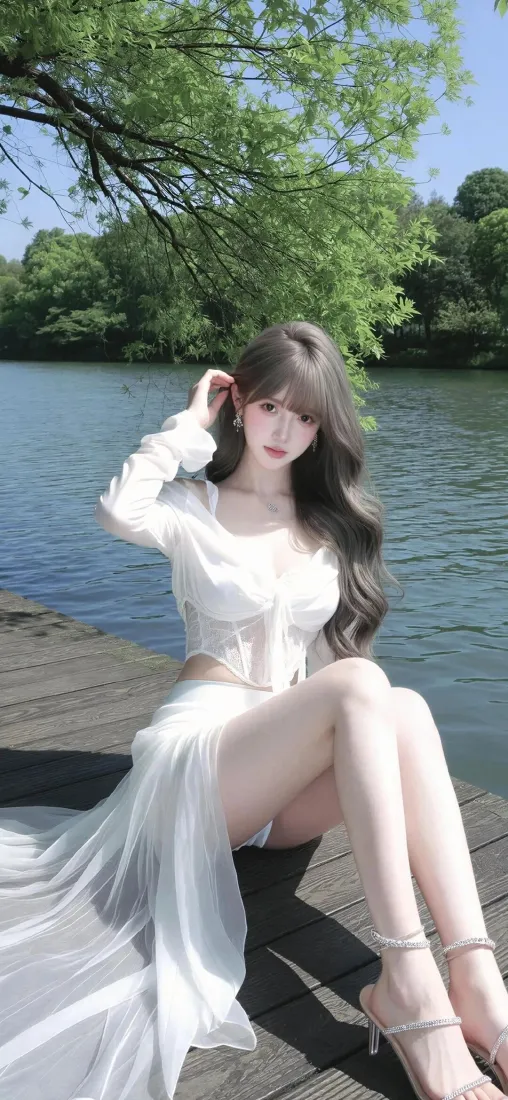 白衣长发美女手机壁纸｜湖边林间背景图片 - 夏日清新「哲风壁纸」