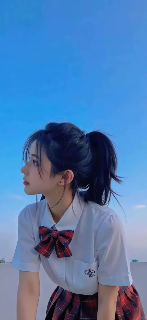 JK少女手机壁纸｜蓝天天台背景图片 - 高马尾制服美女「哲风壁纸」