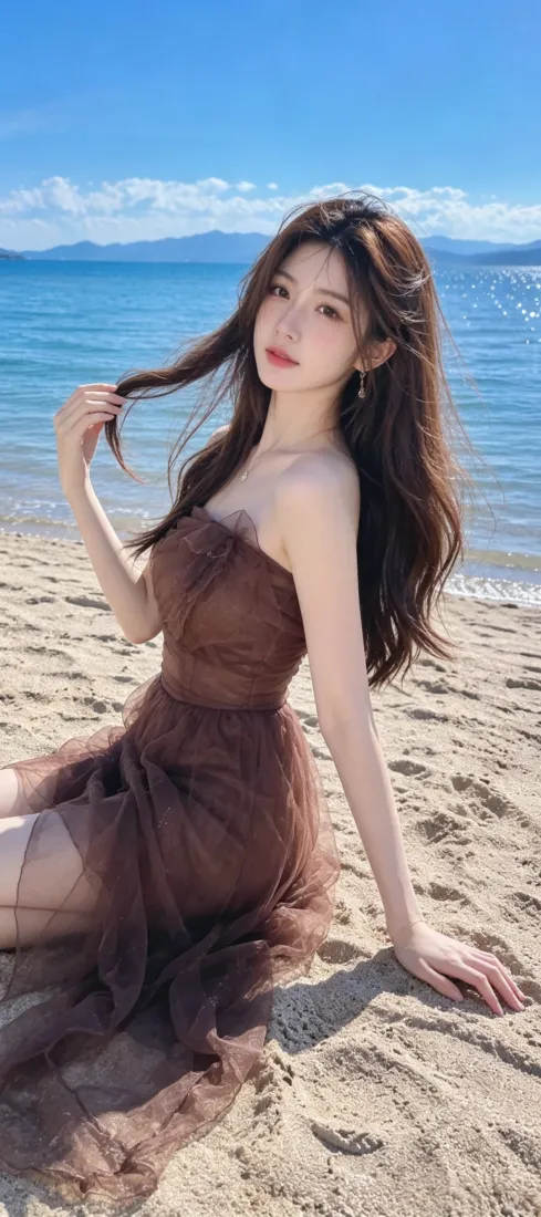 海边美女手机壁纸｜沙滩大海蓝天背景图片 - 抹胸纱裙长发少女「哲风壁纸」