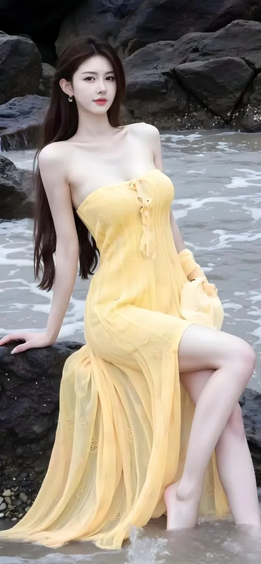 黄裙美女手机壁纸｜海边礁石背景图片 - 气质时尚写真「哲风壁纸」
