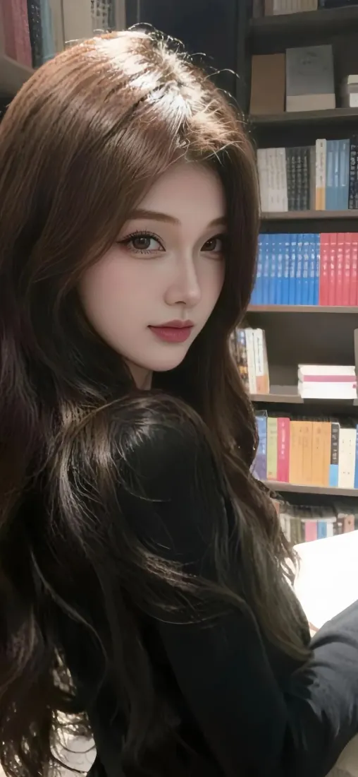 棕发长发美女在书架前回眸，身着黑色上衣，红唇氛围感十足