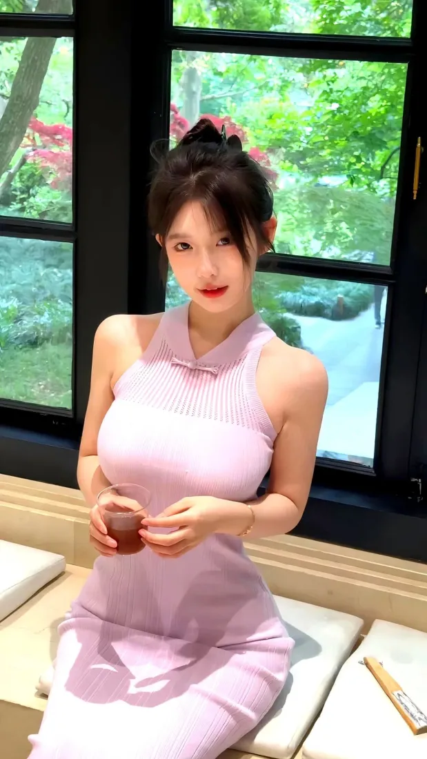 窗边浅紫挂脖旗袍美女手持茶杯，窗外绿意盎然，清新国风写真