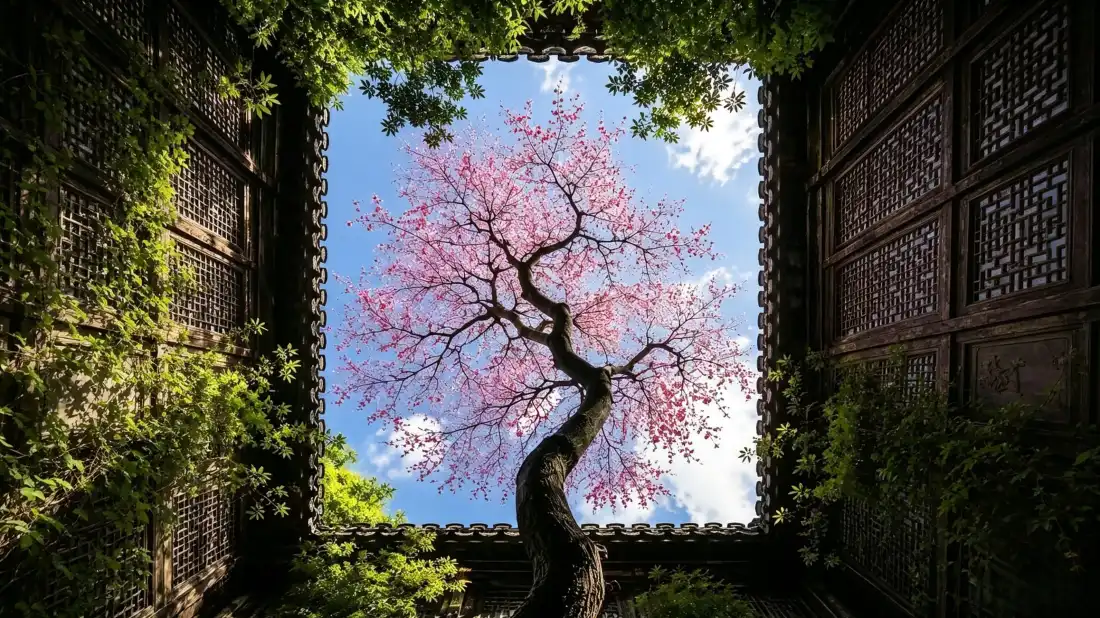 3k粉色花树壁纸｜古建庭院背景图片 - 春日治愈风景「哲风壁纸」