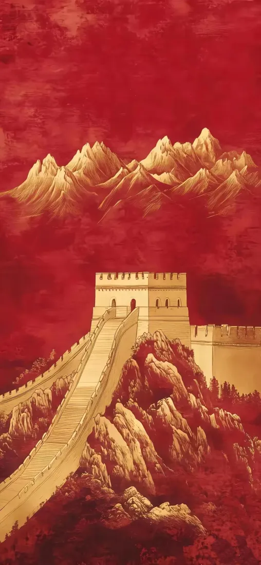 红底金色国风插画，蜿蜒长城盘踞山峦，远处金色山峰连绵，气势恢宏。
