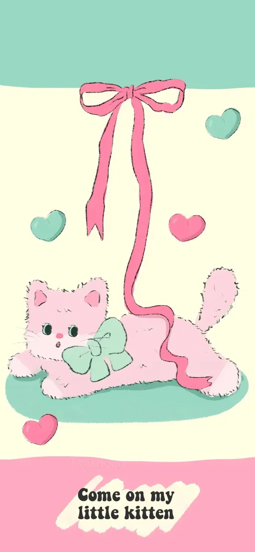 粉色小猫手机壁纸｜青绿色蝴蝶结爱心背景图片 - 可爱治愈「哲风壁纸」