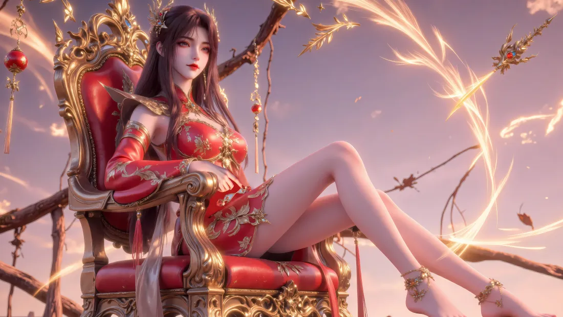 6k飞越女帝壁纸｜绝世战魂玄幻背景图片 - 红衣宝座御姐「哲风壁纸」