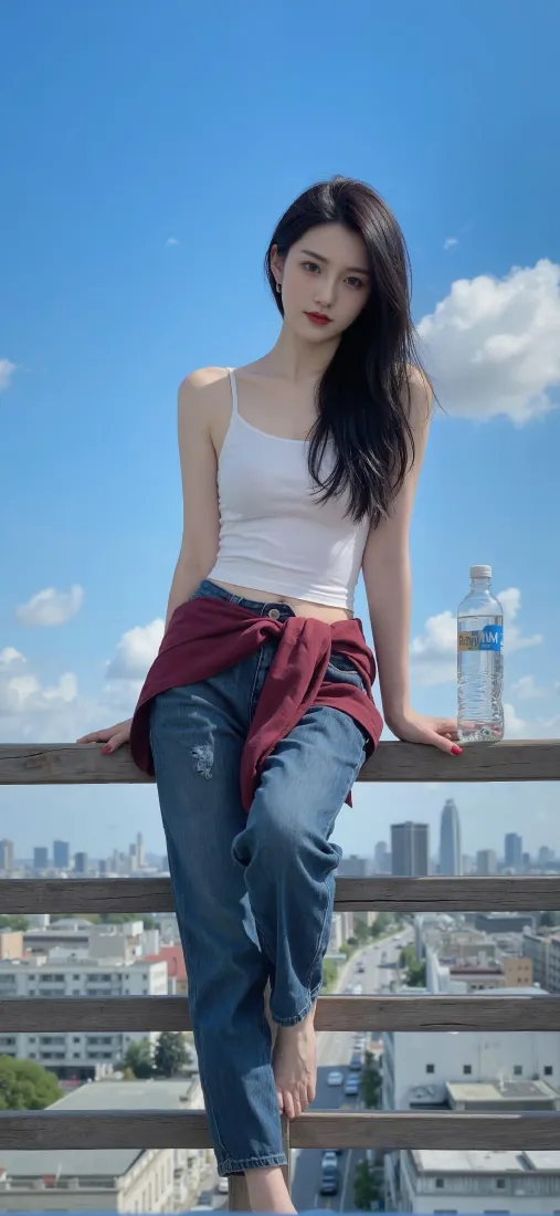 性感美女手机壁纸｜蓝天城市背景图片 - 天台休闲写真「哲风壁纸」