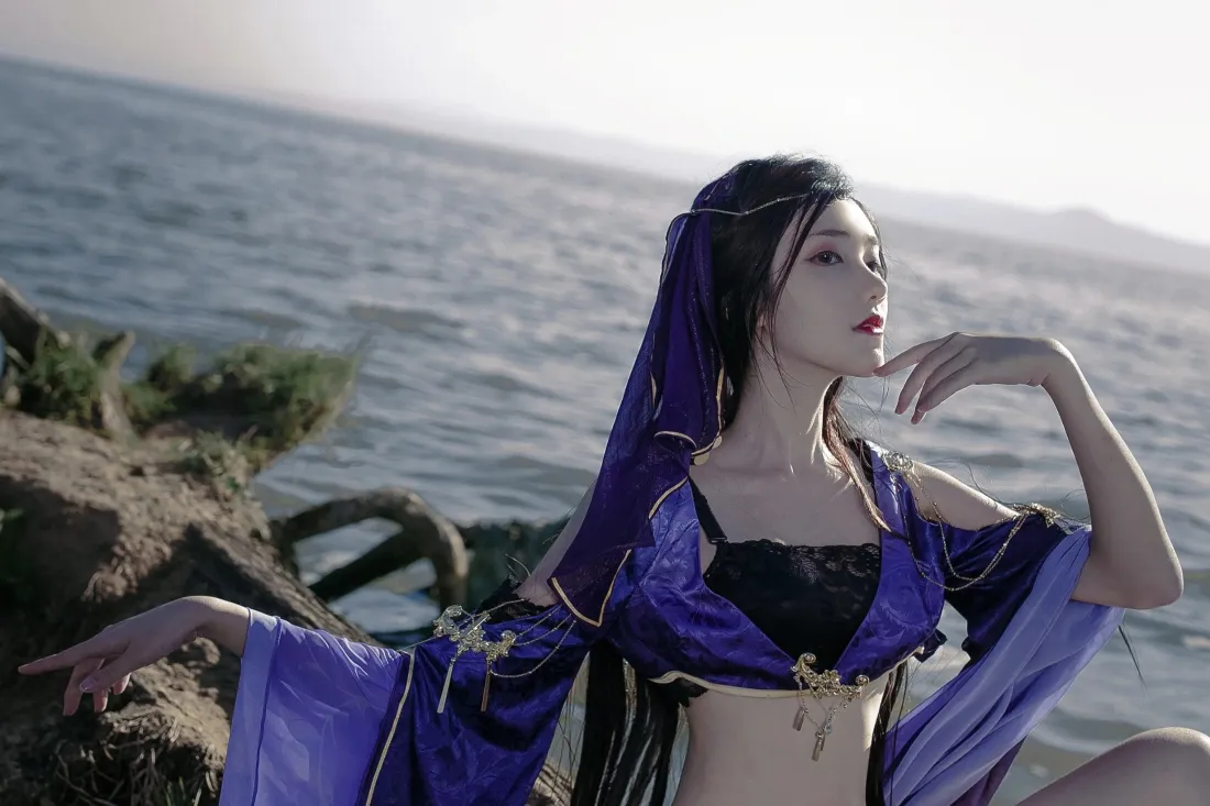 2k南桃Momoko逆水寒九灵壁纸｜海边外景背景图片 - 紫色古风cos「哲风壁纸」