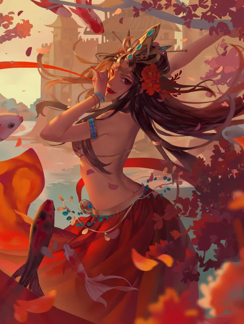 梦中情人手机壁纸|古风红裙少女背景图片 - 锦鲤插画「哲风壁纸」 梦中情人手机壁纸|古风红裙少女背景图片 - 锦鲤插画「哲风壁纸」