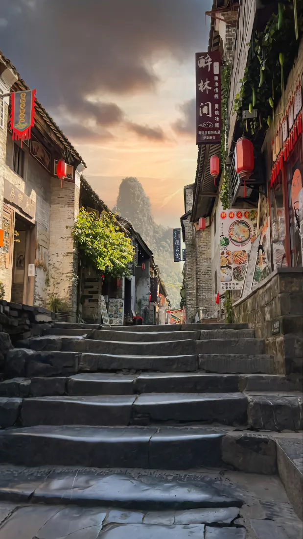 古镇古巷手机壁纸｜石阶黄昏背景图片 - 远山中式建筑「哲风壁纸」