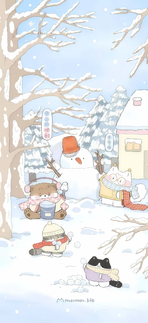 冬日卡通手机壁纸｜雪地雪人背景图片 - 治愈可爱插画「哲风壁纸」
