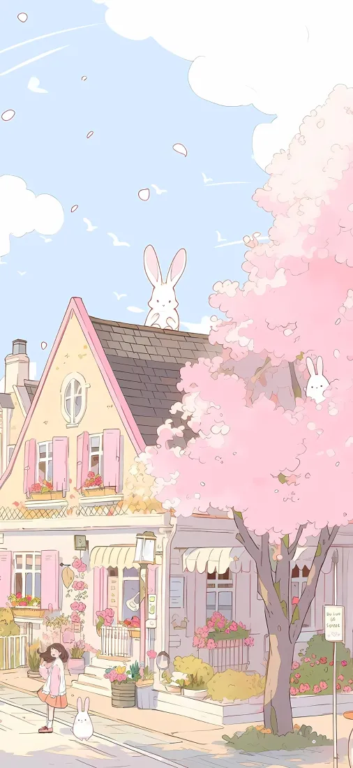卡通街景手机壁纸｜樱花小屋背景图片 - 治愈清新场景「哲风壁纸」