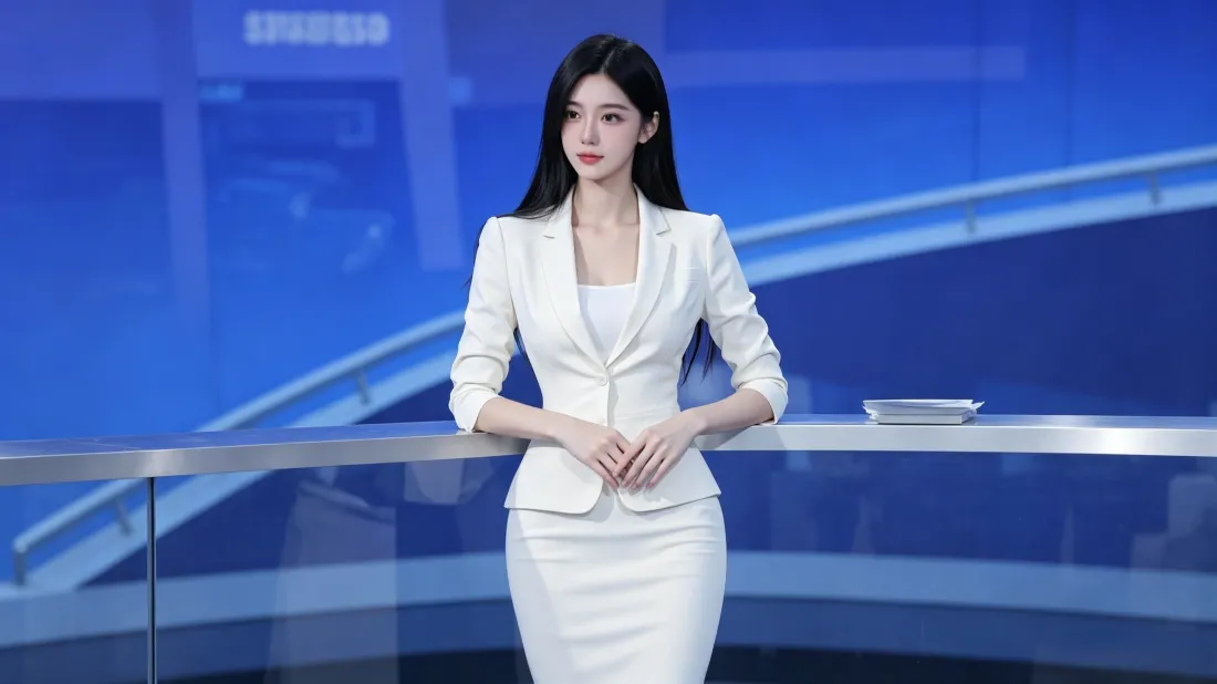 3k职场美女壁纸｜蓝色演播室背景图片 - 白色职业套装「哲风壁纸」