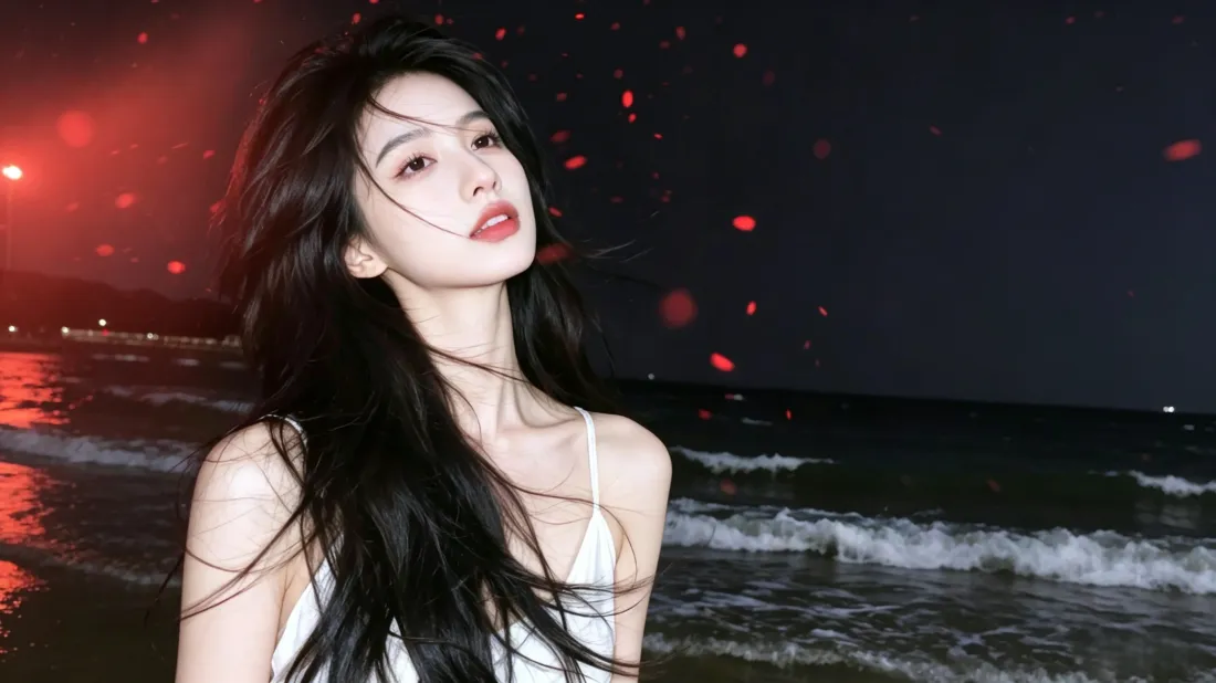 3k海边长发美女壁纸｜夜晚海浪背景图片 - 氛围感人像「哲风壁纸」