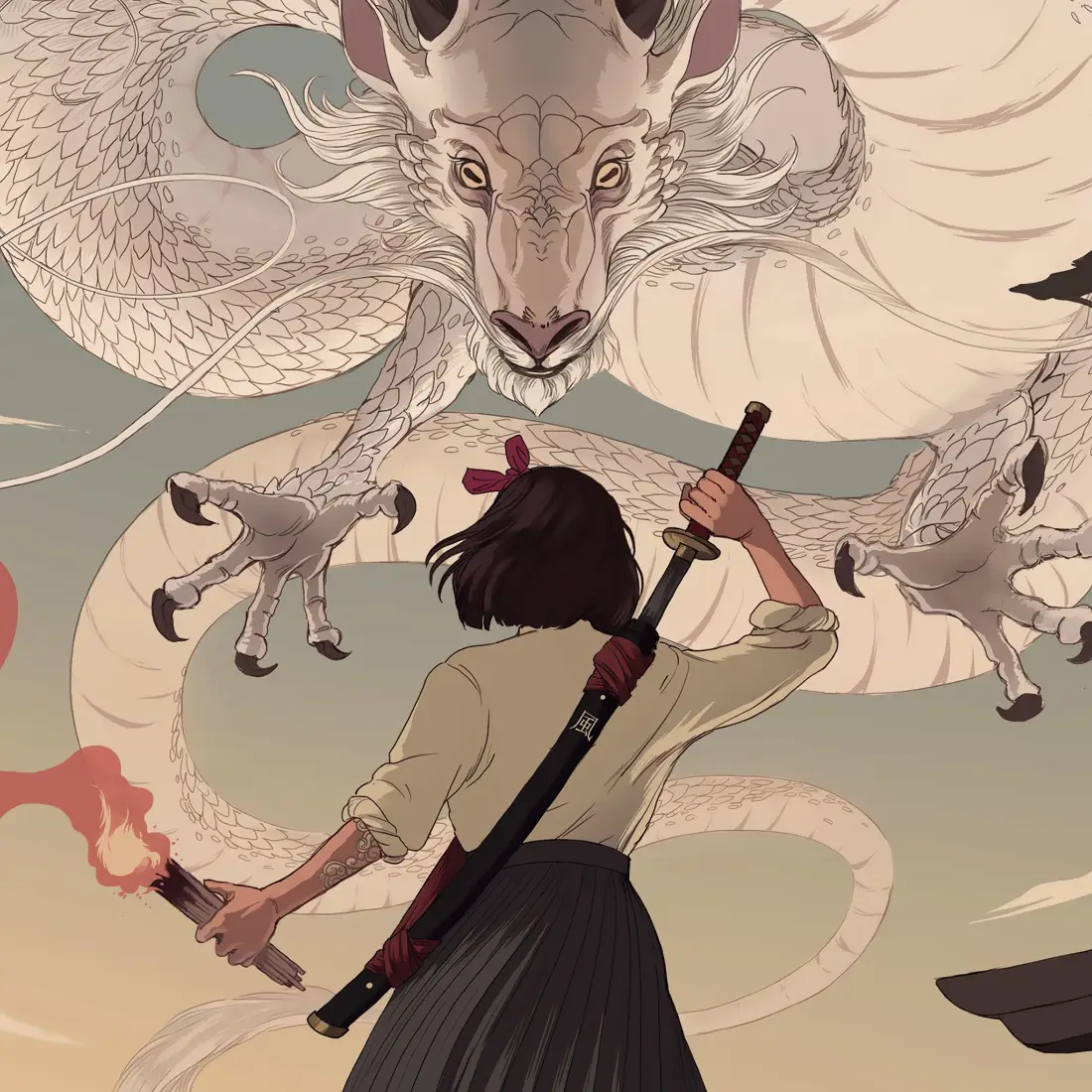 龙与持刃少女手机壁纸｜白龙国风插画背景图片 - 奇幻艺术创作「哲风壁纸」