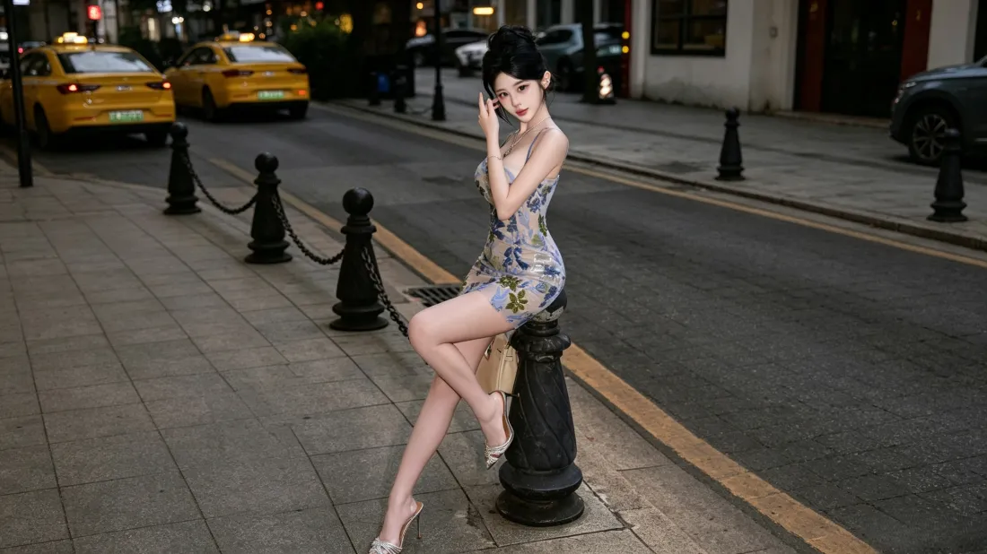 3k气质美女壁纸|都市街景背景图片 - 碎花抹胸裙时尚写真「哲风壁纸」 夜晚都市街头,身着碎花抹胸裙的女子倚靠在人行道隔离桩上。