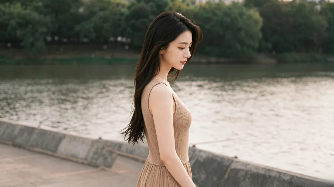 3k长发气质美女壁纸｜湖边河岸背景图片 - 氛围感人像写真「哲风壁纸」