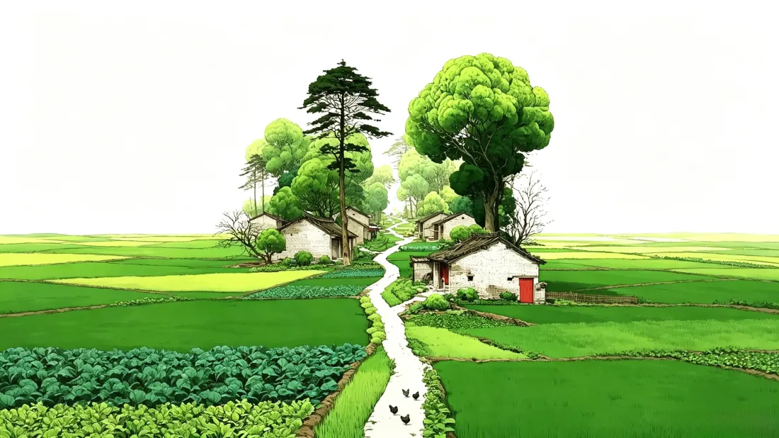 3k清新田园壁纸|绿色稻田背景图片 - 乡间治愈风景「哲风壁纸」 蜿蜒小路穿过翠绿稻田,散落白墙农舍与葱郁树木的清新乡间田园