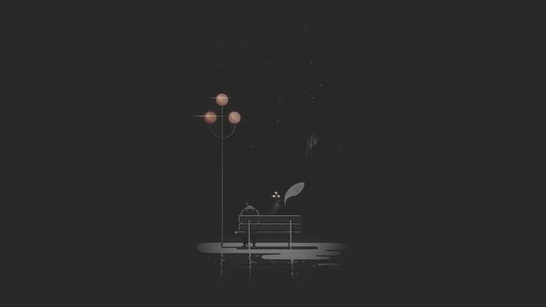 2k暗黑插画壁纸|路灯长椅夜色背景图片 - 简约风格「哲风壁纸」 暗黑极简插画,夜色中三灯路灯与长椅,水面倒映微光。