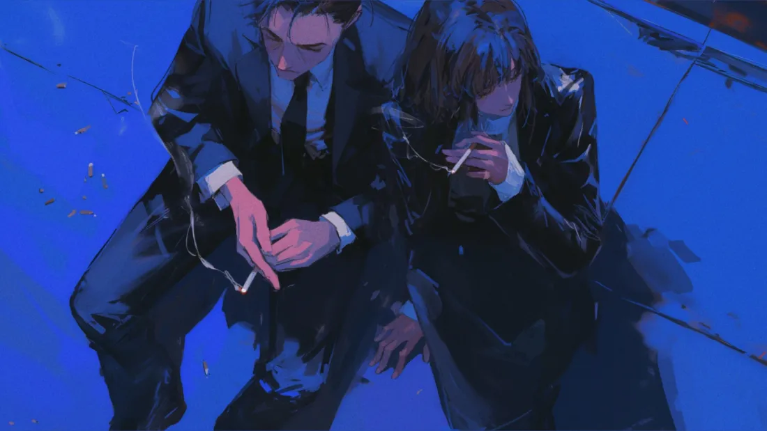 雨天蓝色调场景中，两名穿西装的动漫男女蹲在湿滑地面抽烟。