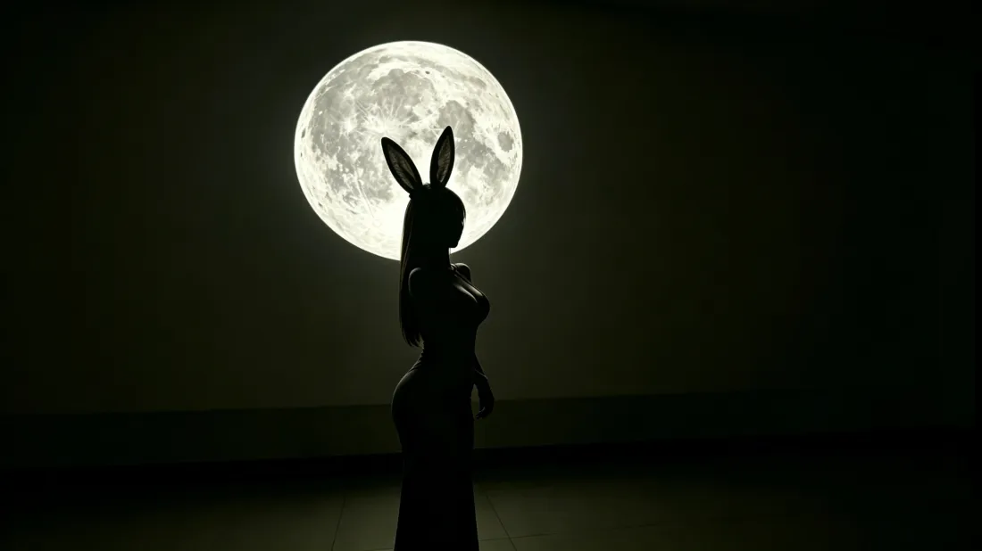 3k兔女郎剪影壁纸|满月夜晚背景图片 - 高级氛围感人像「哲风壁纸」 满月夜空下,戴兔耳的女性侧身黑色剪影立于画面中央。
