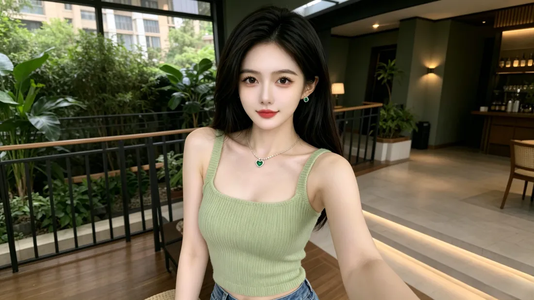 3k绿色吊带美女壁纸｜露台咖啡店背景图片 - 时尚氛围感写真「哲风壁纸」