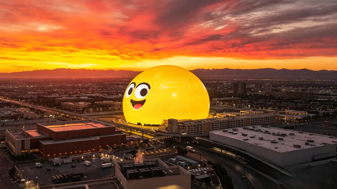黄昏晚霞下的拉斯维加斯城市，巨型球建筑显示黄色笑脸emoji